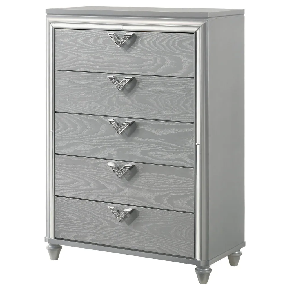 Haley Tall Dresser Chest, V Shaped Glittering Metal Handles, Light Silver By Casagear Home