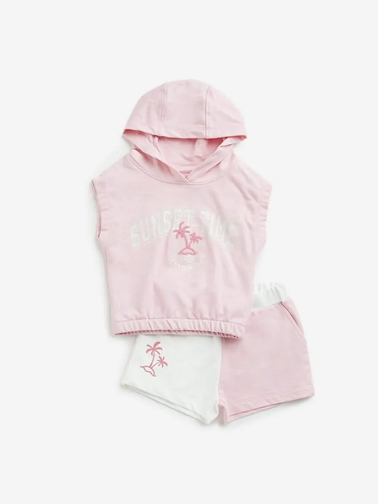 HOP Kids Pink Hoodie T-Shirt and White Shorts Set