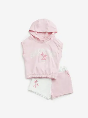 HOP Kids Pink Hoodie T-Shirt and White Shorts Set