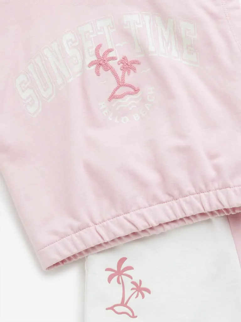 HOP Kids Pink Hoodie T-Shirt and White Shorts Set