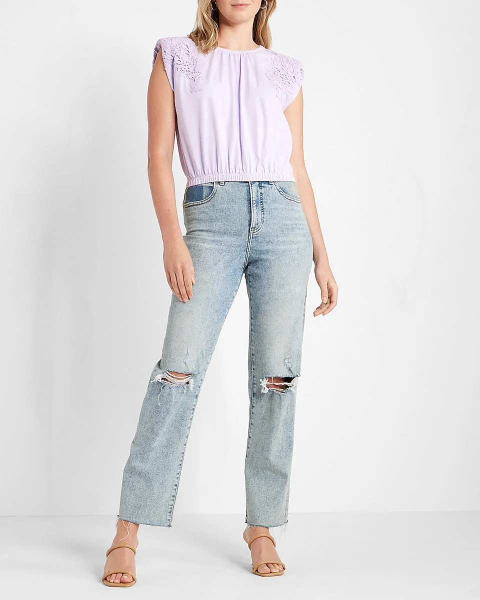 Lace Strong Shoulder Cropped Top in Lilac Purple