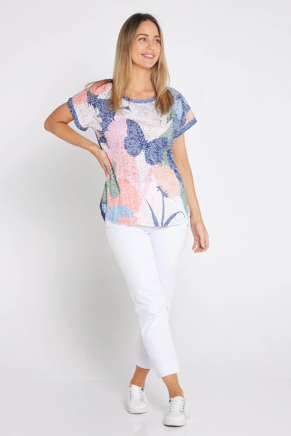 Layla Print Burn-Out Top - Navy Butterfly