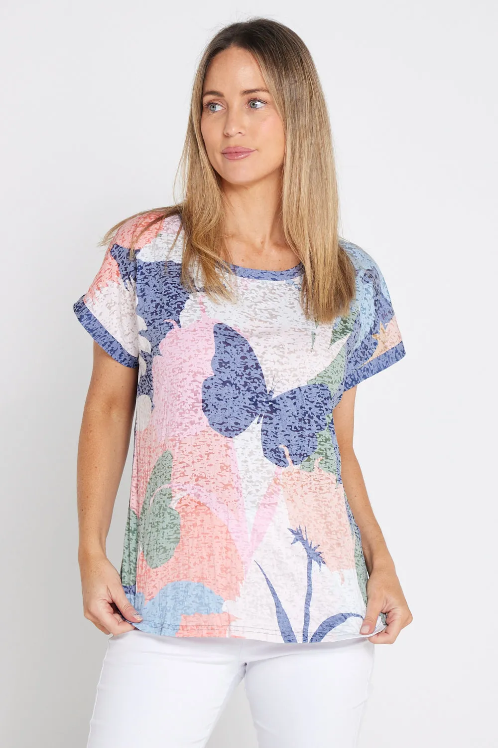 Layla Print Burn-Out Top - Navy Butterfly