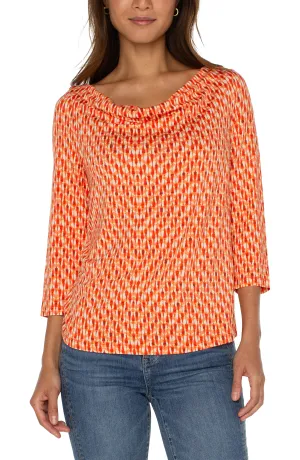 Liverpool 3/4 Sleeve Cowl Neck Knit Top (coral blaze ikat)