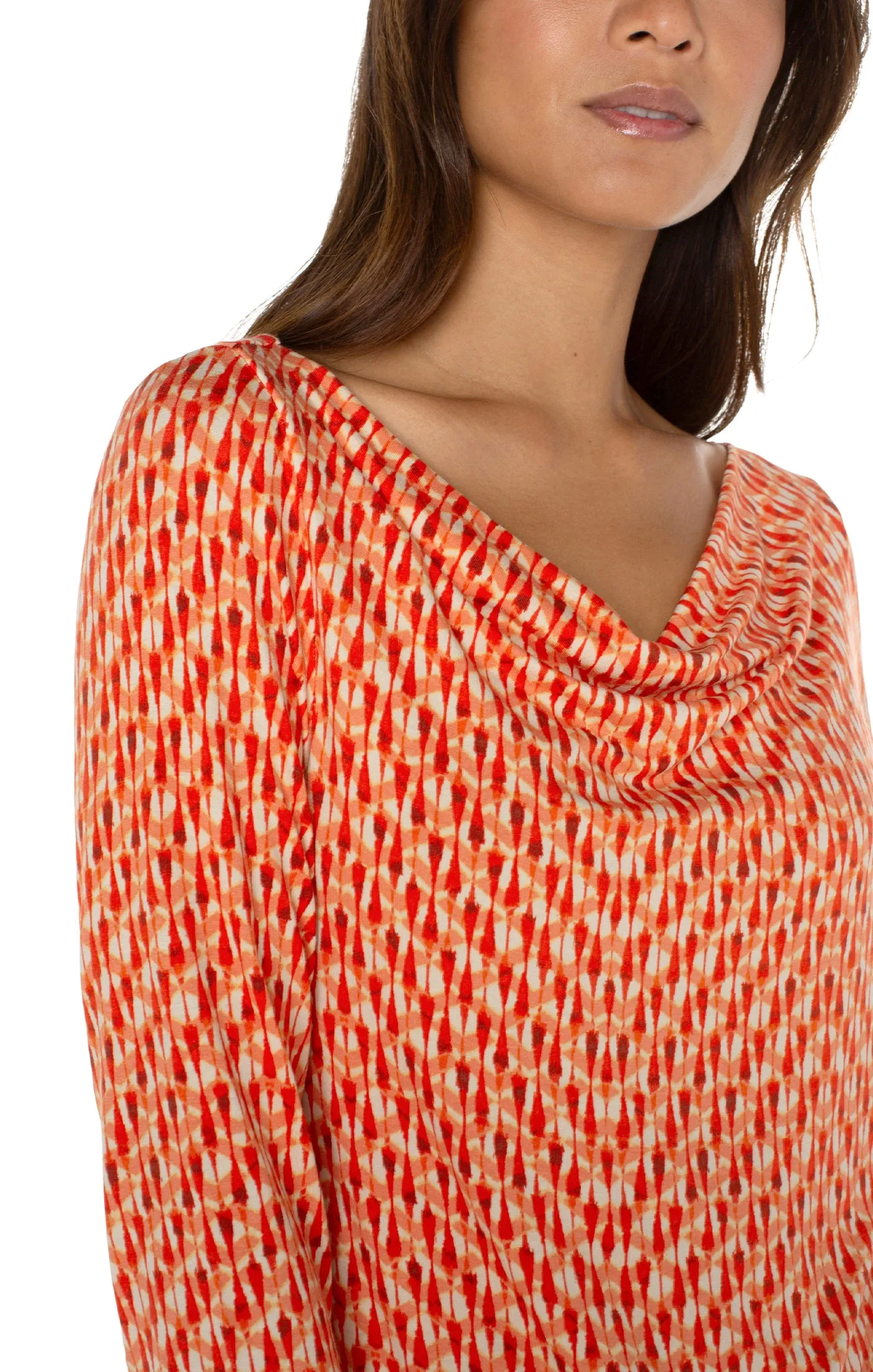 Liverpool 3/4 Sleeve Cowl Neck Knit Top (coral blaze ikat)