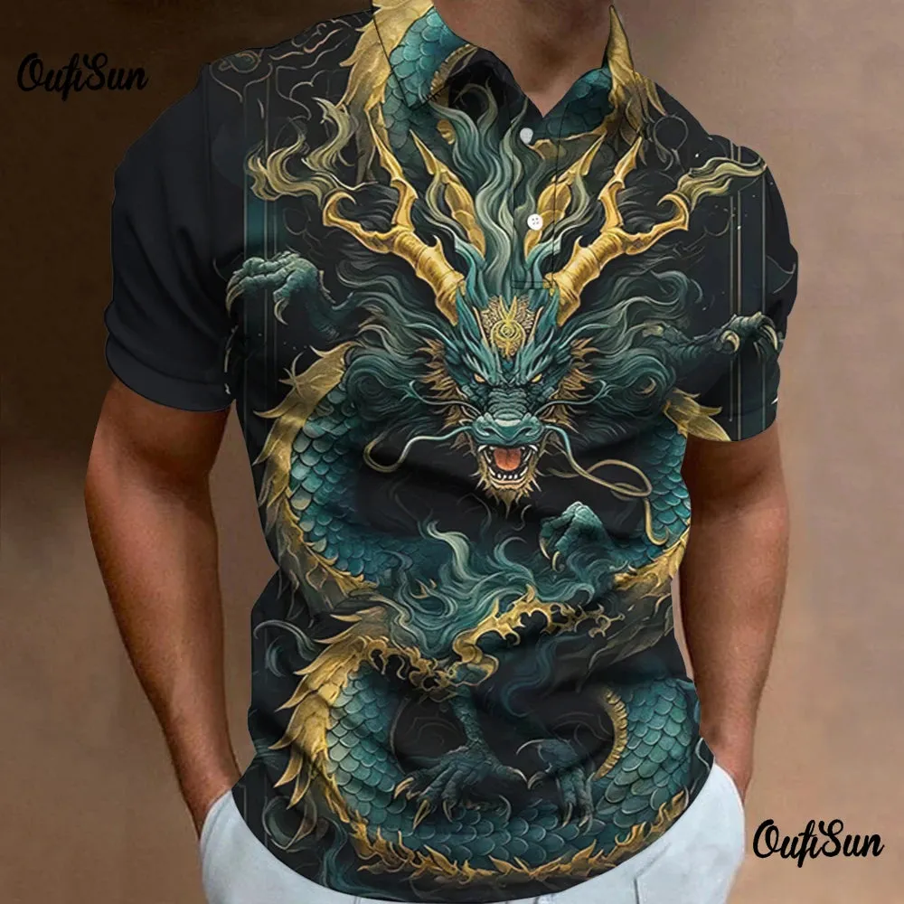 Men's Plus Size Loose-Fit Short Sleeve Floral 3D Polo Shirt