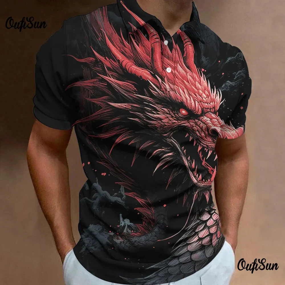 Men's Plus Size Loose-Fit Short Sleeve Floral 3D Polo Shirt