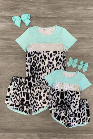 Mom & Me - Mint Sequin Cheetah Lounge Short Set