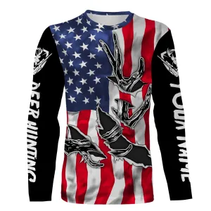 Personalized American Flag Deer Hunting Antler 3D Patriotic Custom Name 3D Long Sleeve Shirts