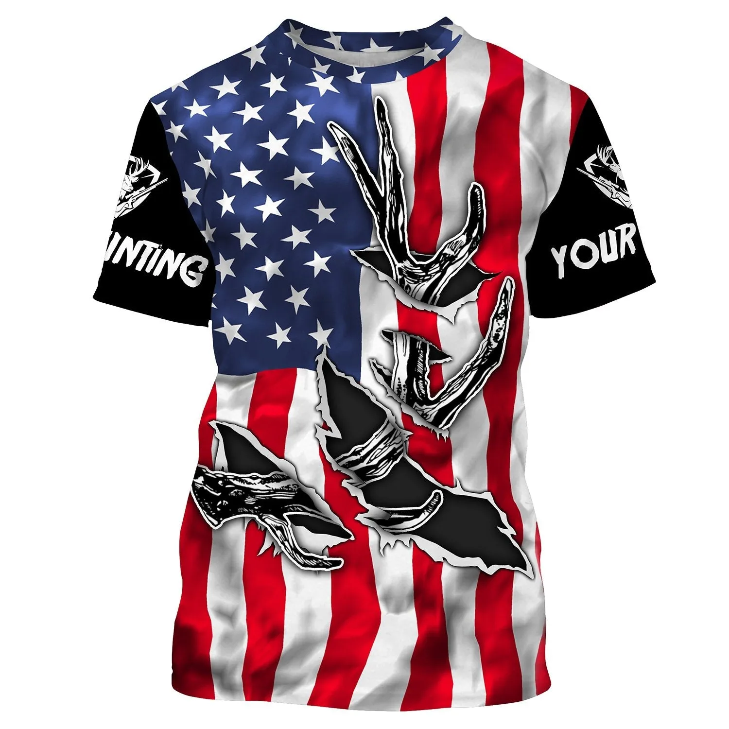 Personalized American Flag Deer Hunting Antler 3D Patriotic Custom Name 3D Long Sleeve Shirts