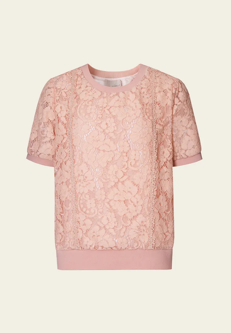 Pink Lace Short Sleeves Top