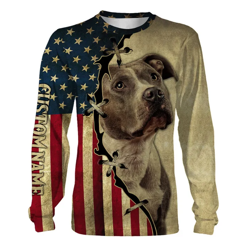 Pitbull 3D Long Sleeve, Custom All Over Print USA Flag Pitbull Shirt for Dog Dad Dog Mom