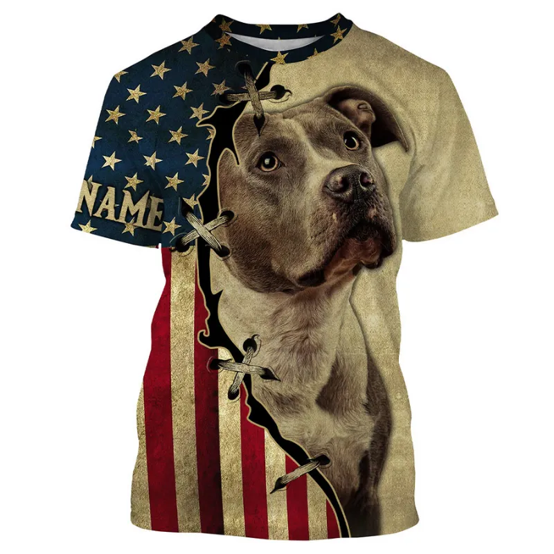 Pitbull 3D Long Sleeve, Custom All Over Print USA Flag Pitbull Shirt for Dog Dad Dog Mom