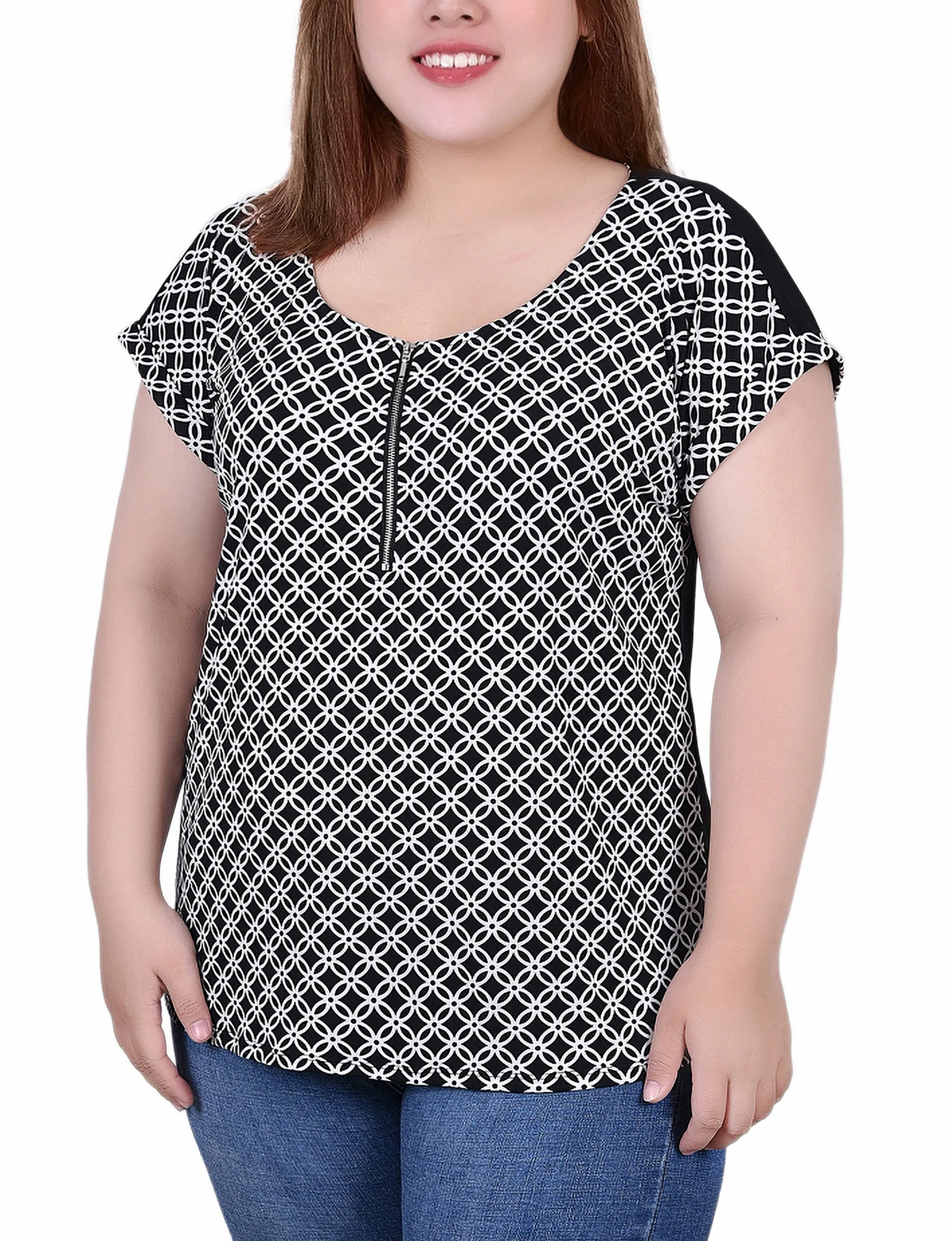 Plus Size Short Sleeve 1/2 Zip Knit Top