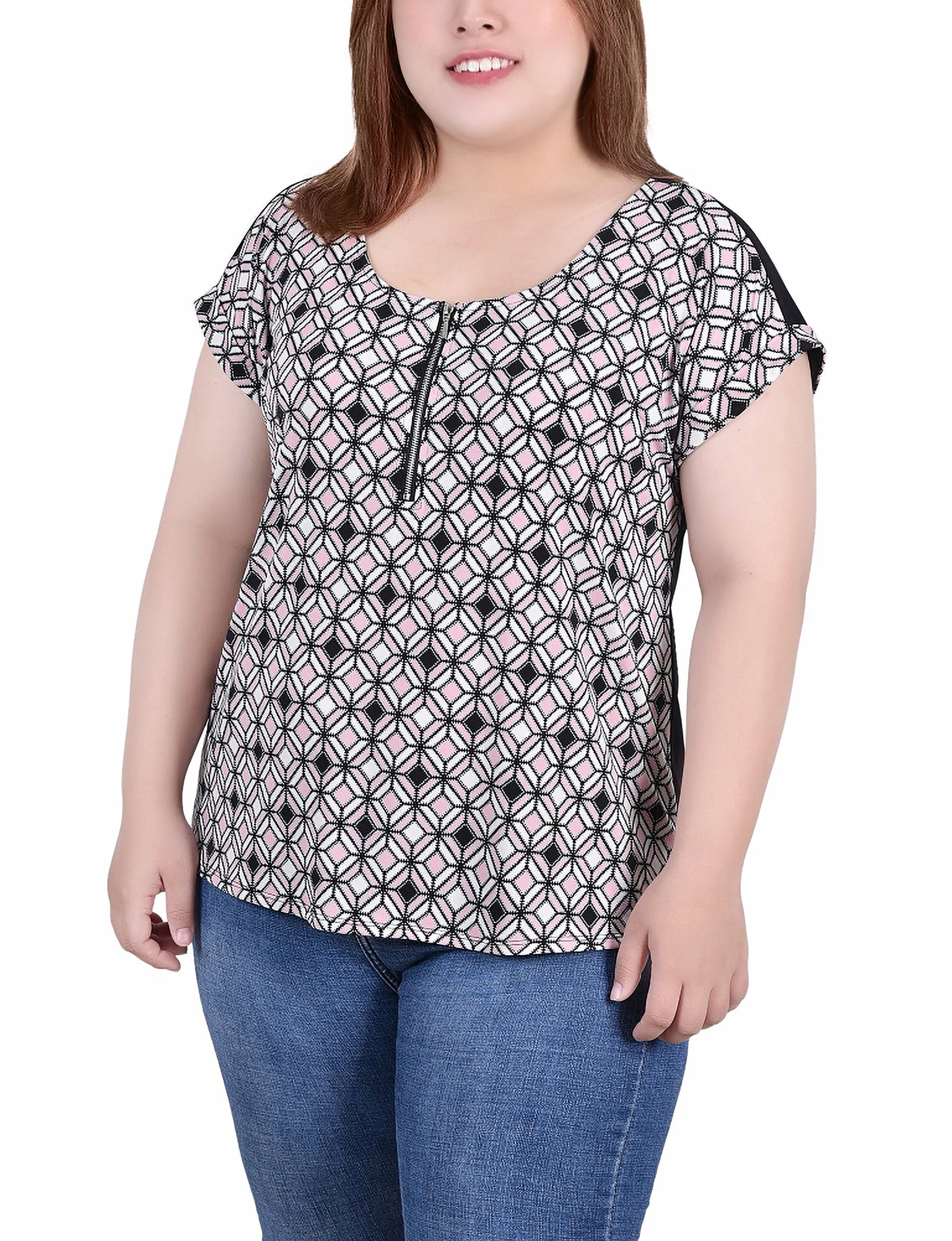 Plus Size Short Sleeve 1/2 Zip Knit Top