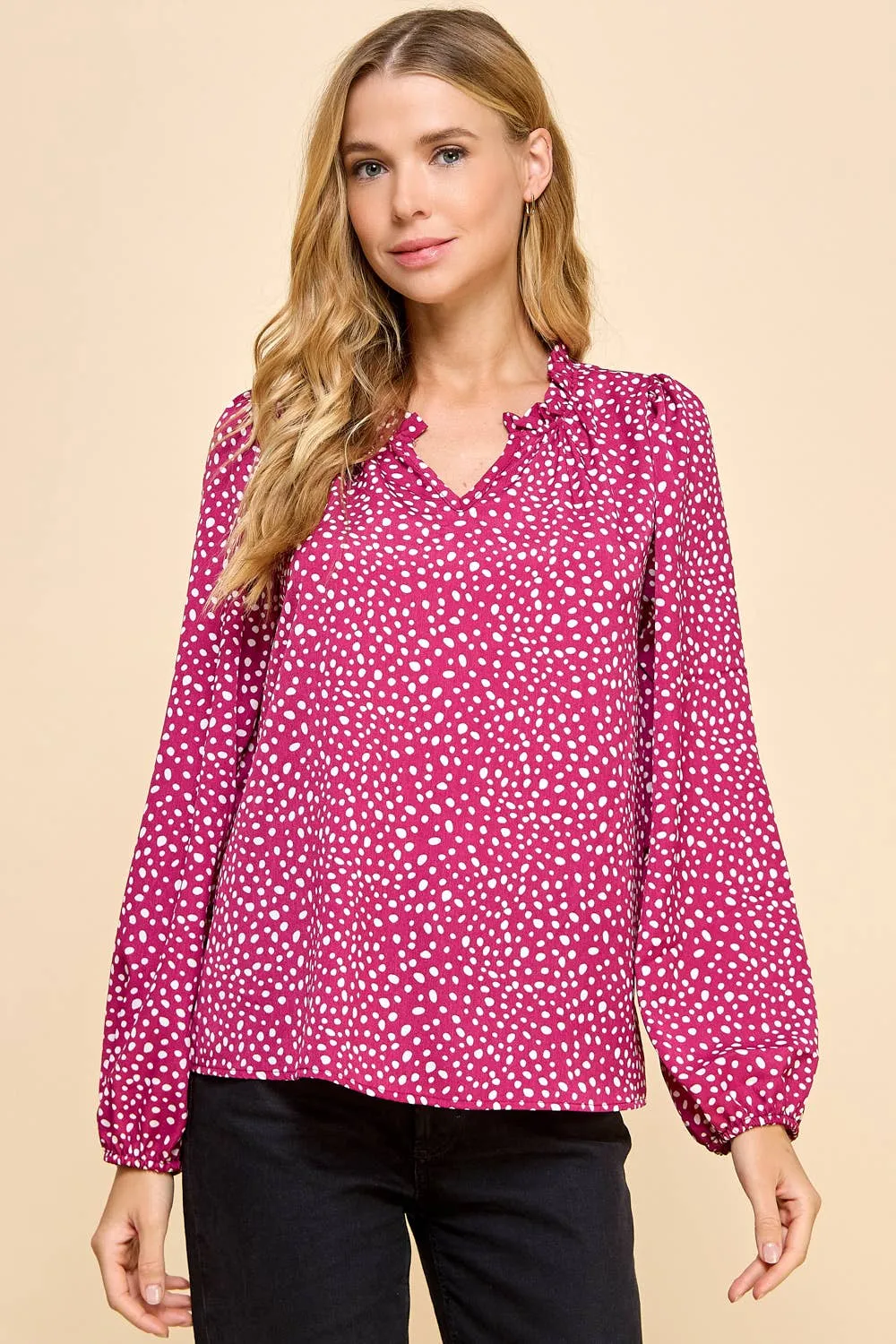 Polka Dot Printed Top with Ruffled V Neck