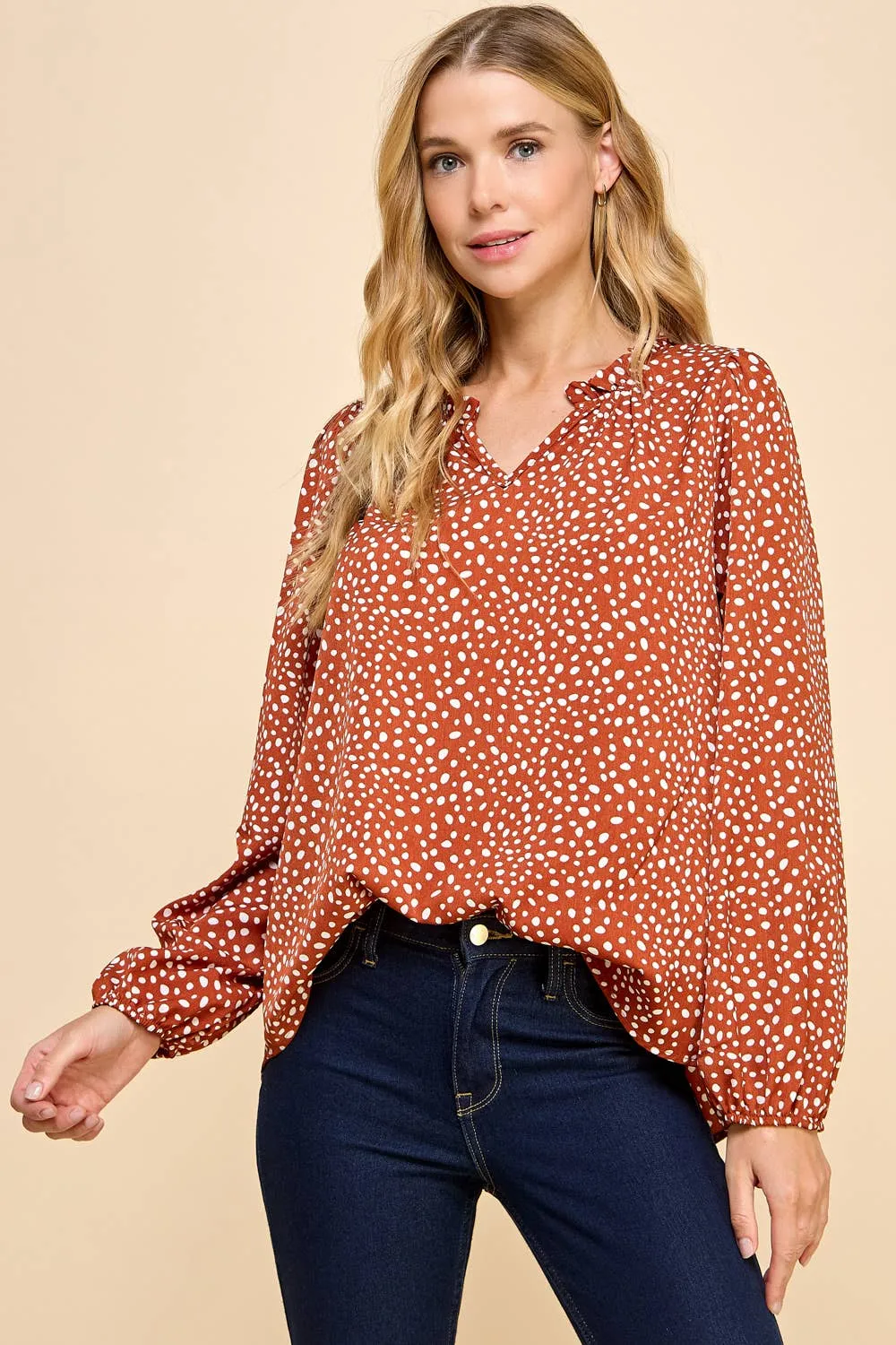 Polka Dot Printed Top with Ruffled V Neck