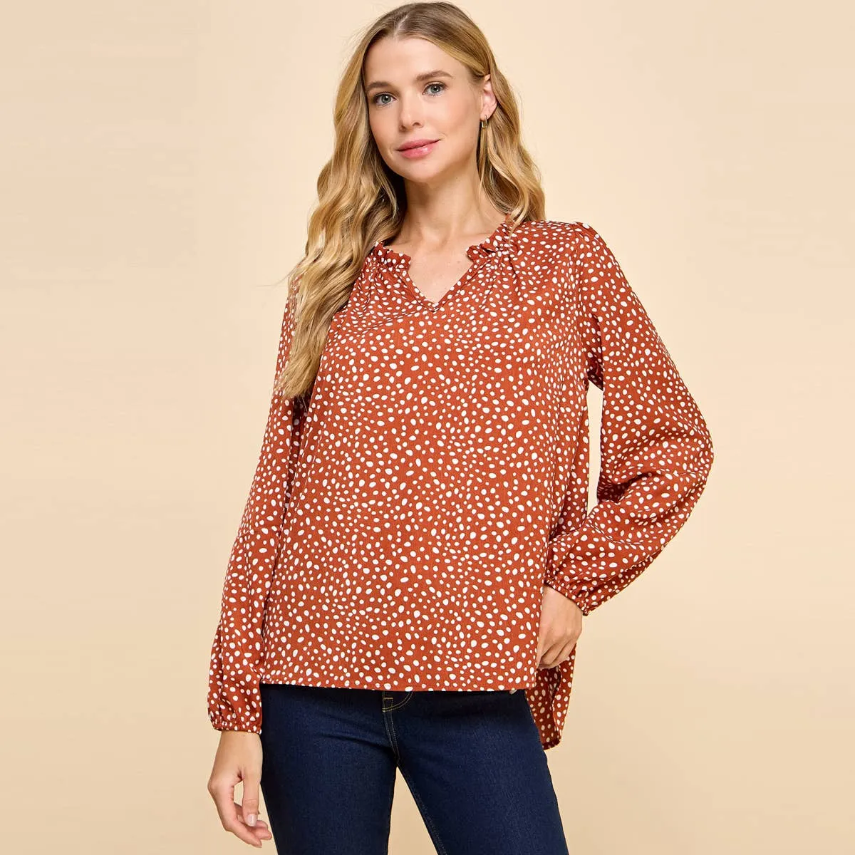 Polka Dot Printed Top with Ruffled V Neck