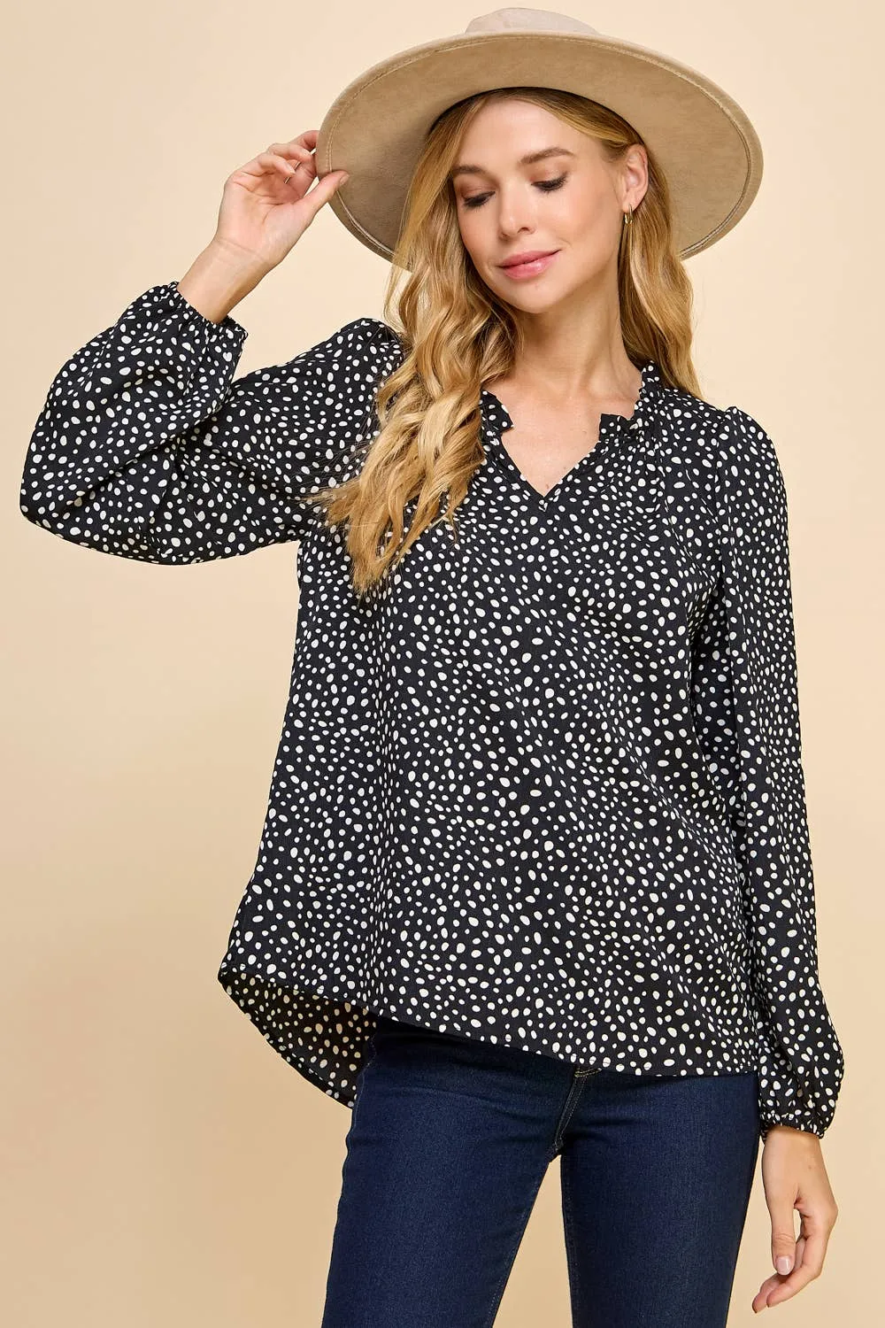 Polka Dot Printed Top with Ruffled V Neck