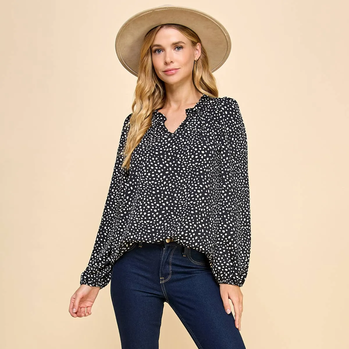 Polka Dot Printed Top with Ruffled V Neck