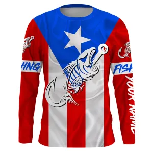 Puerto Rico Fishing Custom Flag Fish Hook Skull Custom 3D Long Sleeve Fishing Shirts For Men