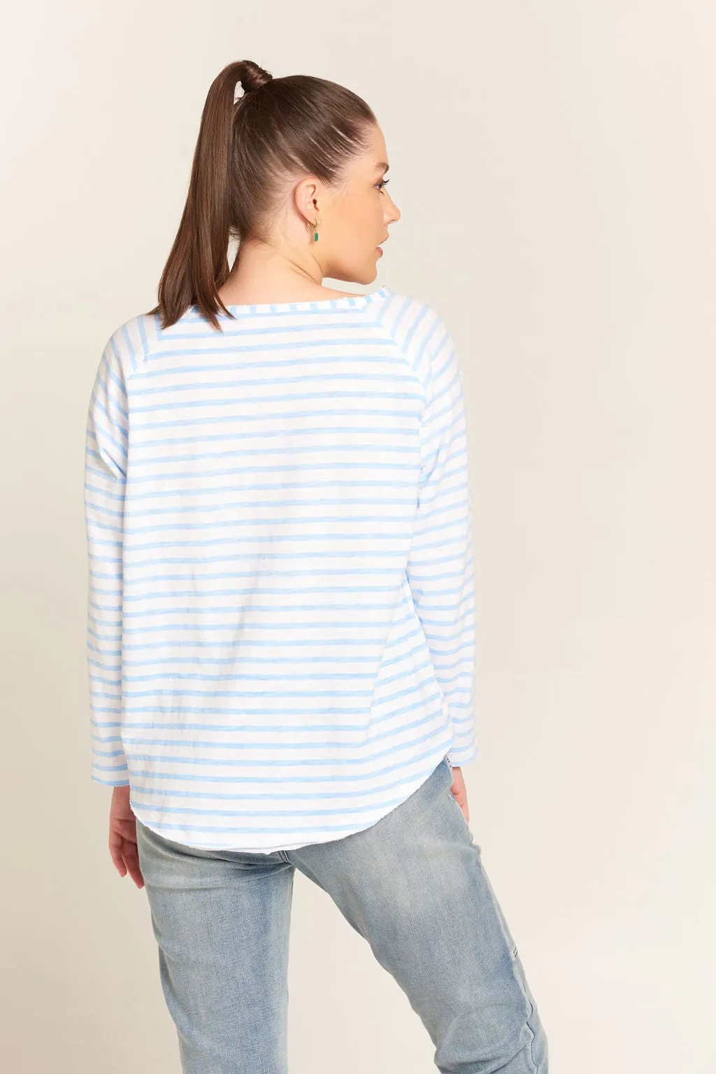 Raglan Cotton Stripe Tee White/Jacaranda