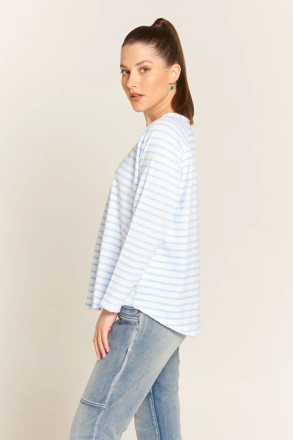 Raglan Cotton Stripe Tee White/Jacaranda