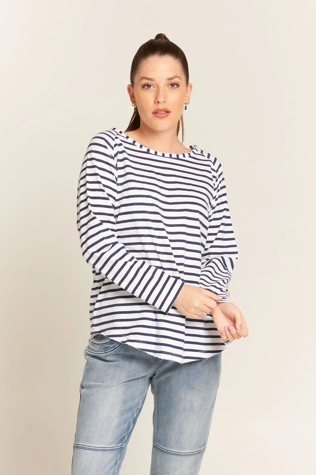 Raglan Cotton Stripe Tee White/Navy