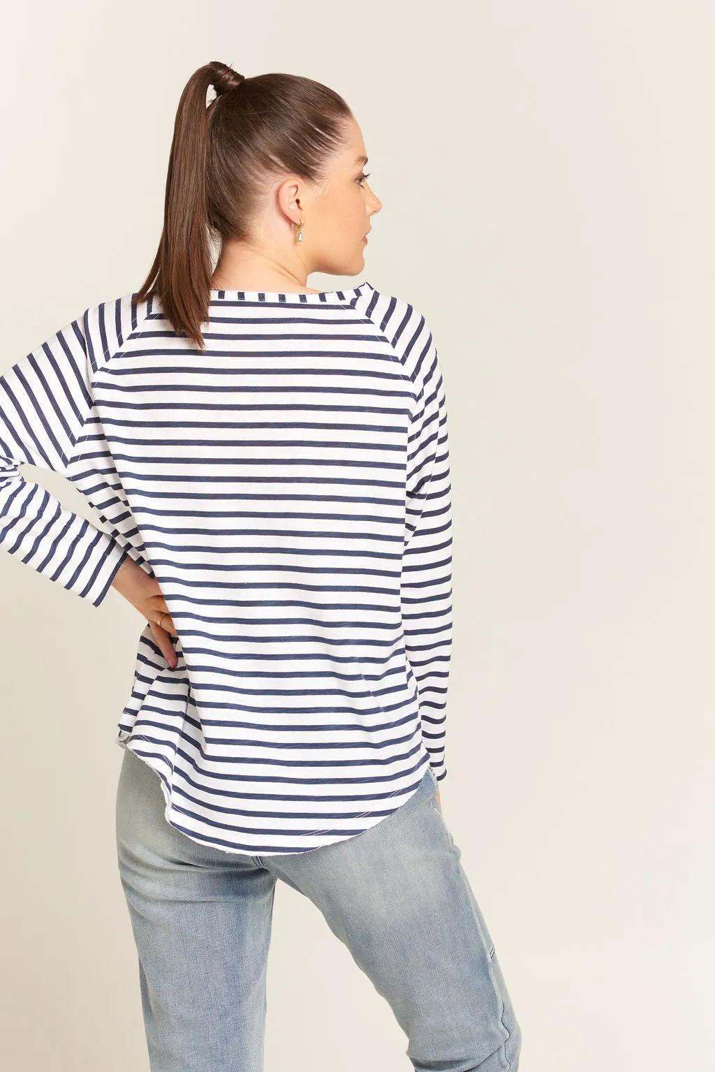 Raglan Cotton Stripe Tee White/Navy