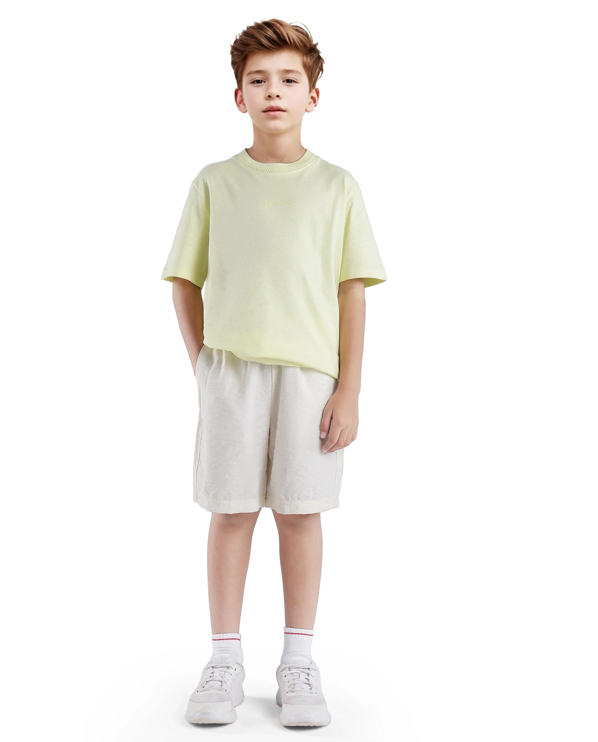 Rare Ones Kids Heron Pastel Green Cotton Fabric Half Sleeves Crew Neck Embroidered T-Shirt