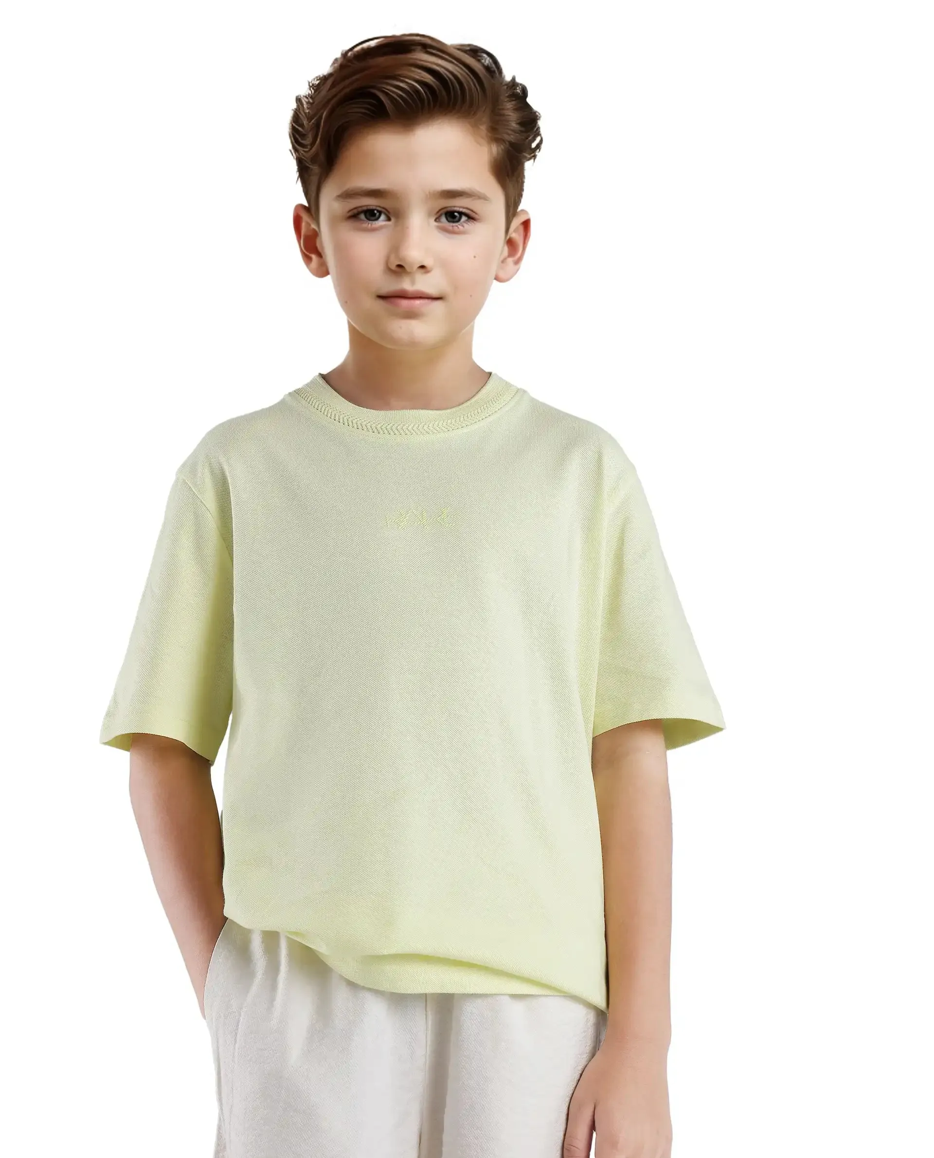 Rare Ones Kids Heron Pastel Green Cotton Fabric Half Sleeves Crew Neck Embroidered T-Shirt