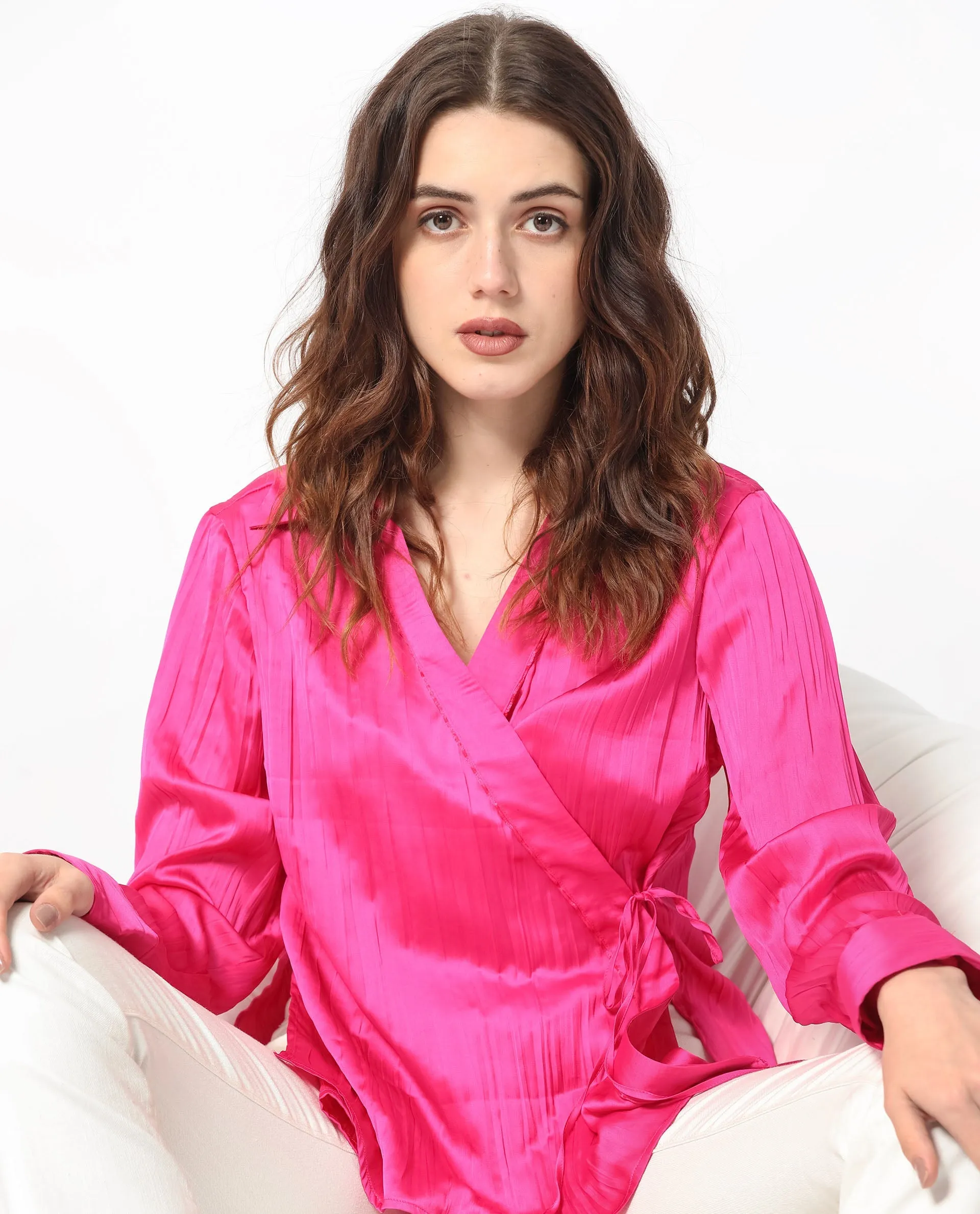 Rareism Women Arzoo Flouroscent Pink Polyester Fabric Regular Fit Drop Collar Full Sleeves Solid Top