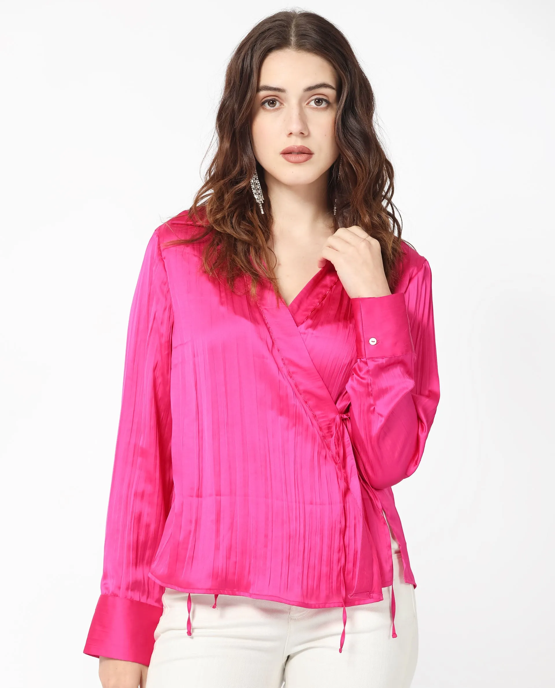 Rareism Women Arzoo Flouroscent Pink Polyester Fabric Regular Fit Drop Collar Full Sleeves Solid Top