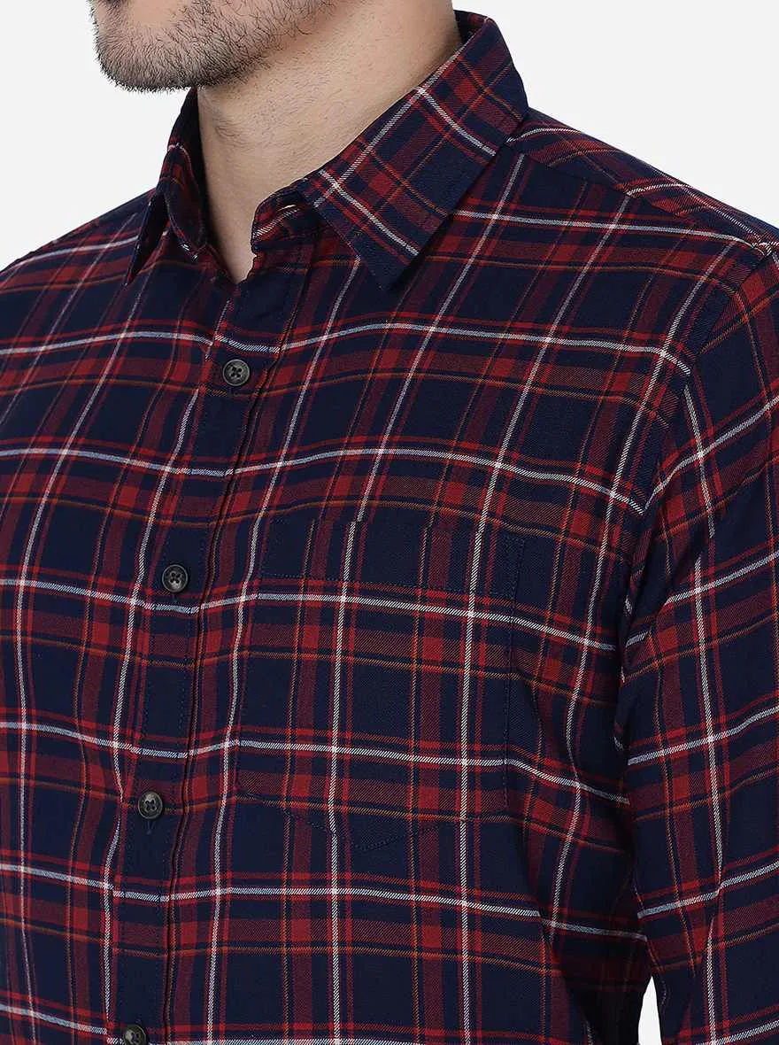 Red & Indigo Checked Slim Fit Casual Shirt | JadeBlue