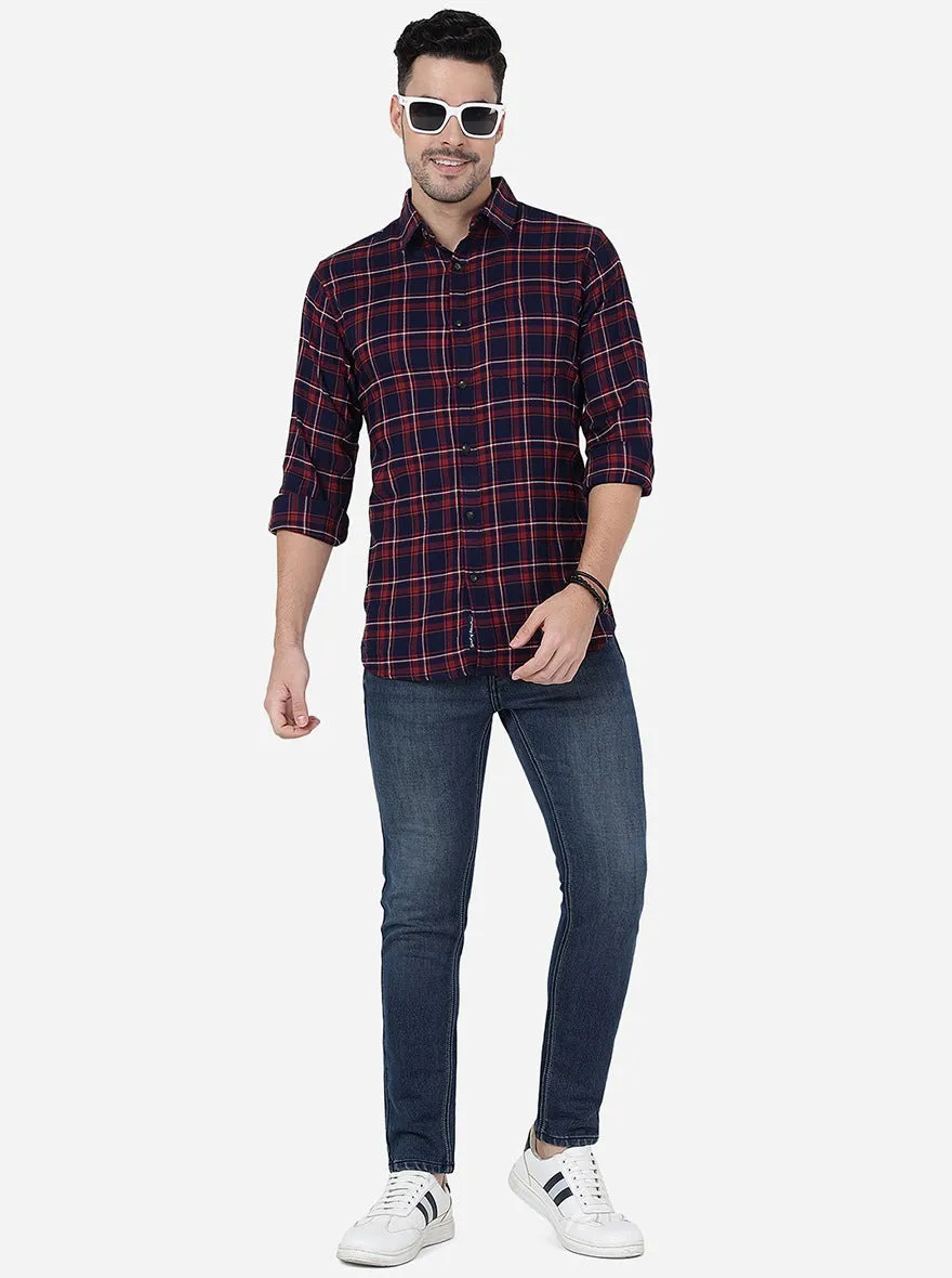 Red & Indigo Checked Slim Fit Casual Shirt | JadeBlue