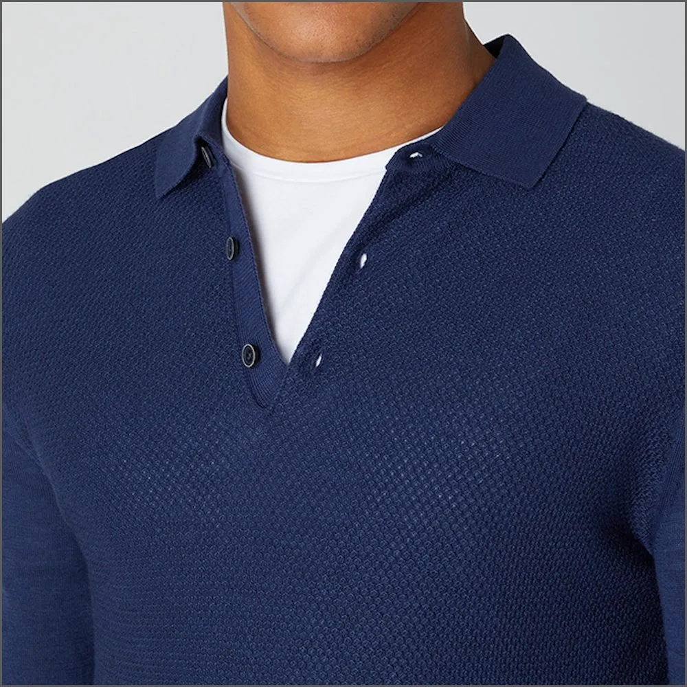 Reums Uomo Dark Blue Slim Fit Merino Wool-Blend Long Sleeve Knitted Polo>>