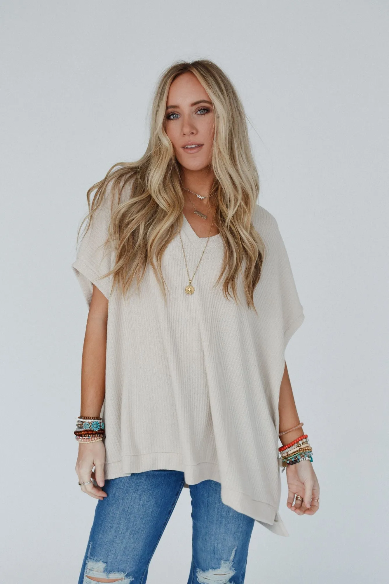 Rowan Oversized Ribbed Knit Top - Seashell