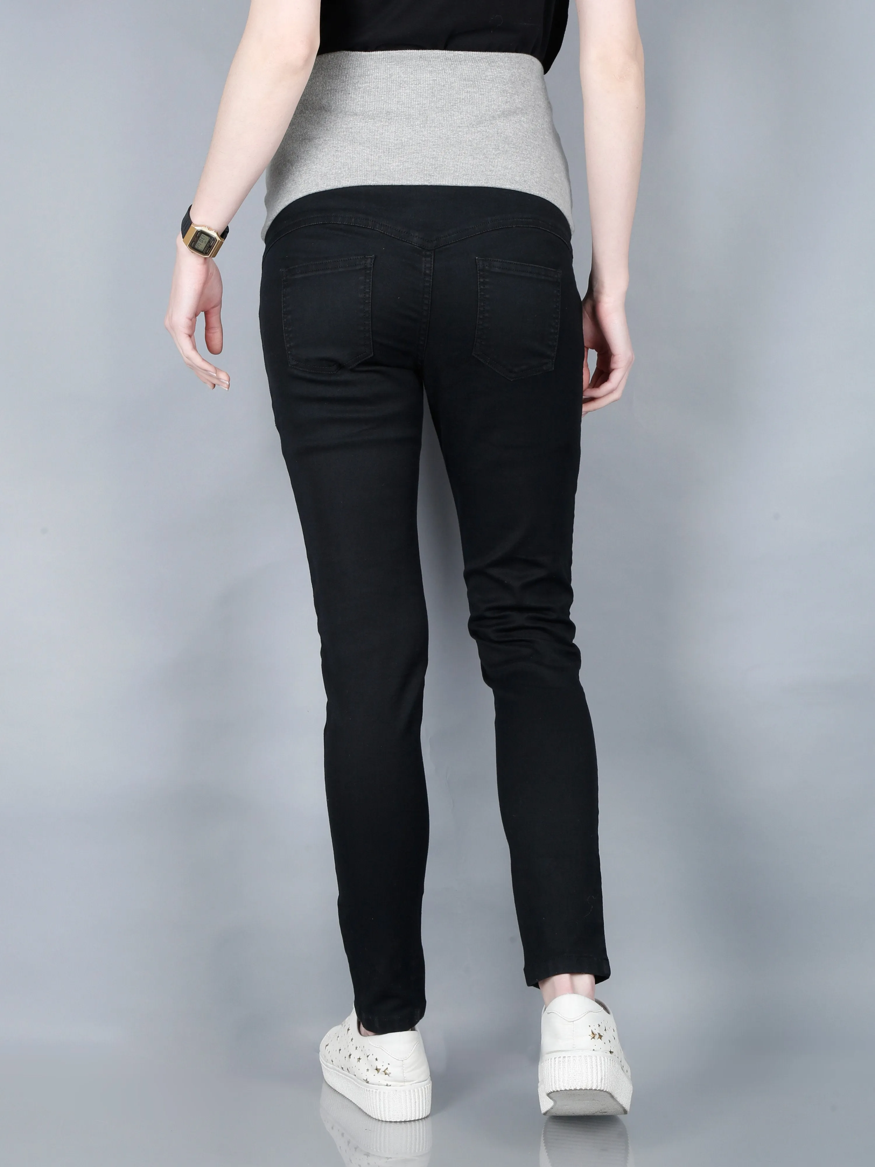 Stretchable Denims with Belly Support- Black