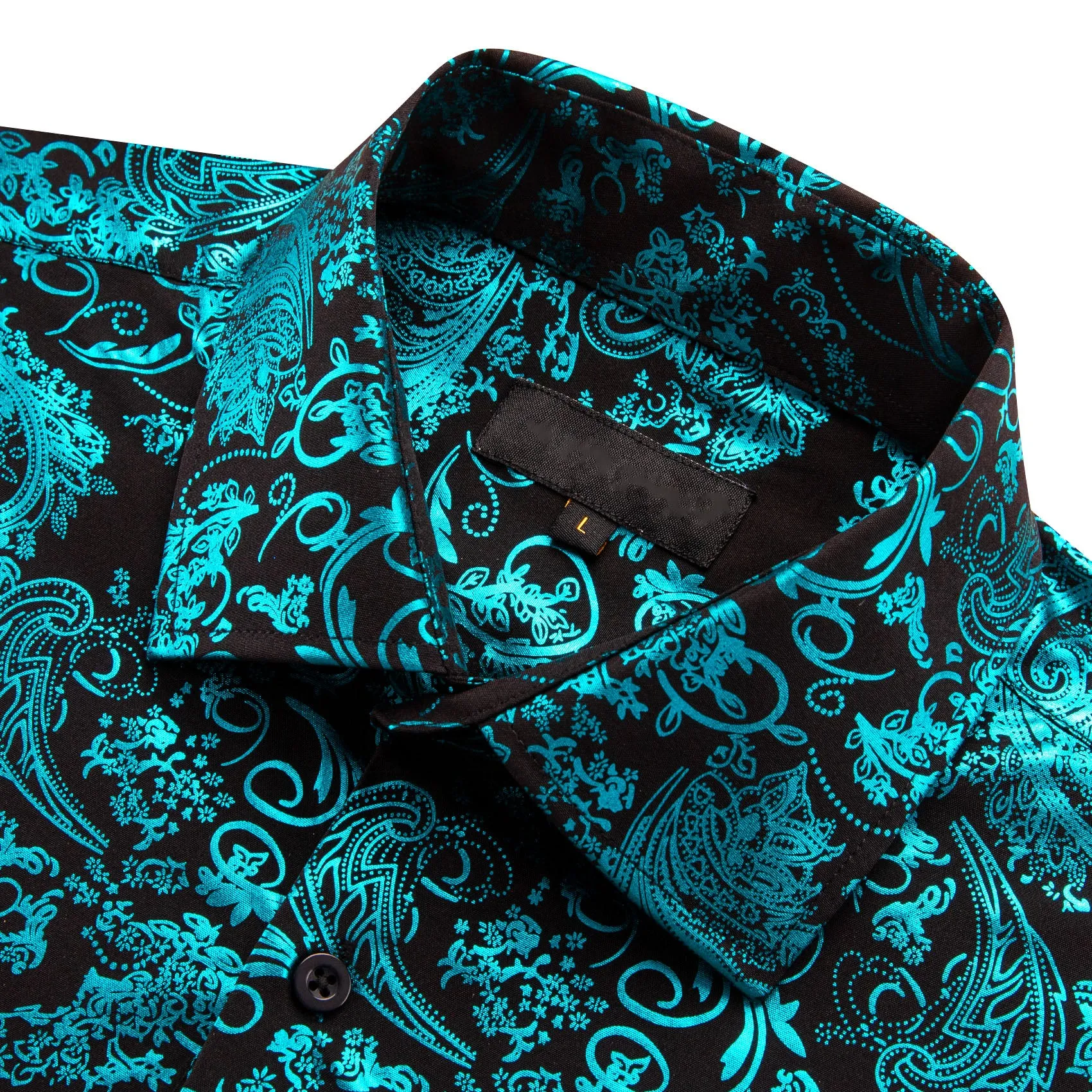 Teal Blue Green Floral Paisley Silk Men's Long Sleeve Shirt