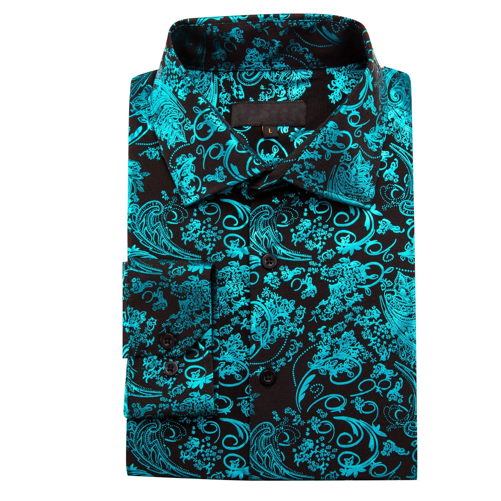 Teal Blue Green Floral Paisley Silk Men's Long Sleeve Shirt