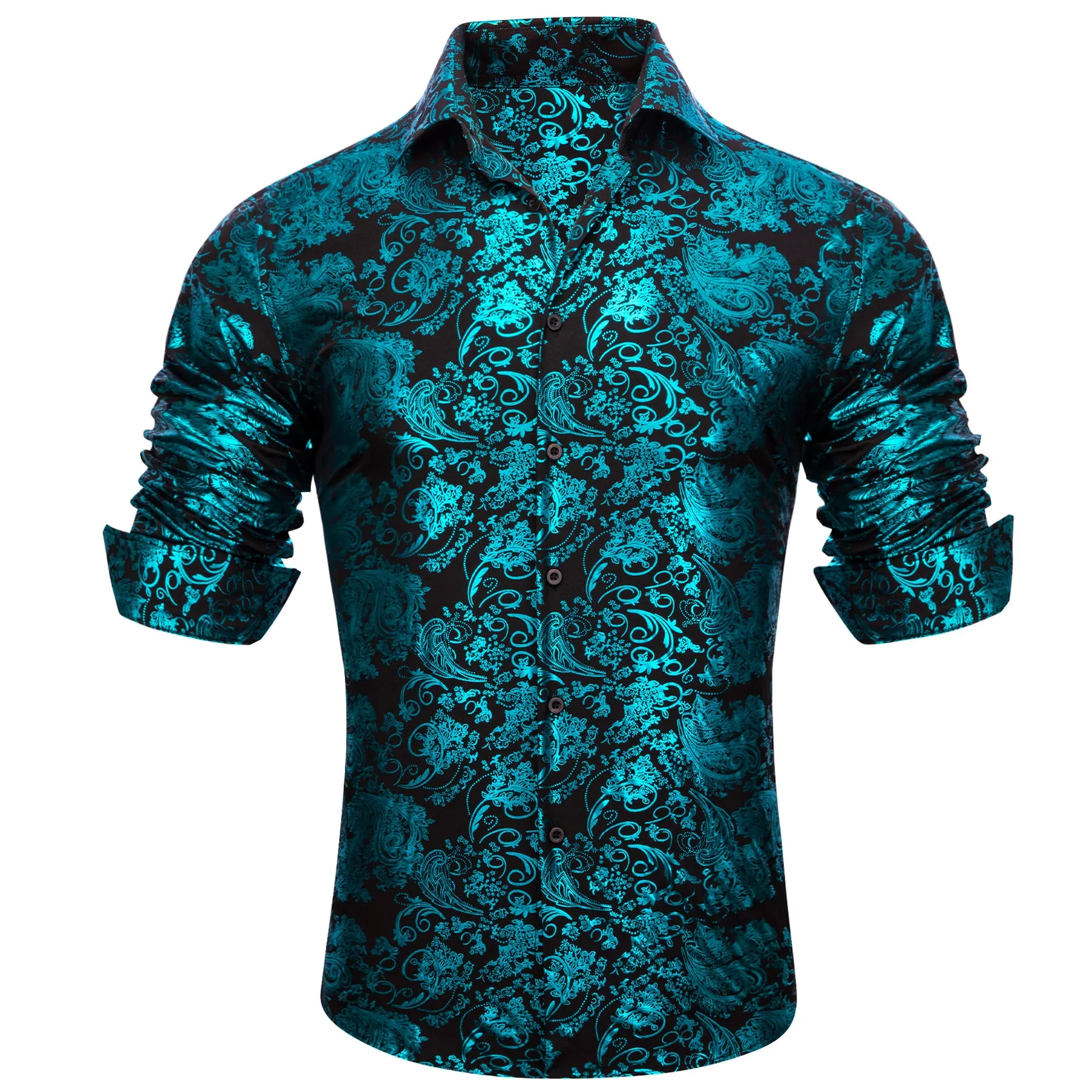 Teal Blue Green Floral Paisley Silk Men's Long Sleeve Shirt