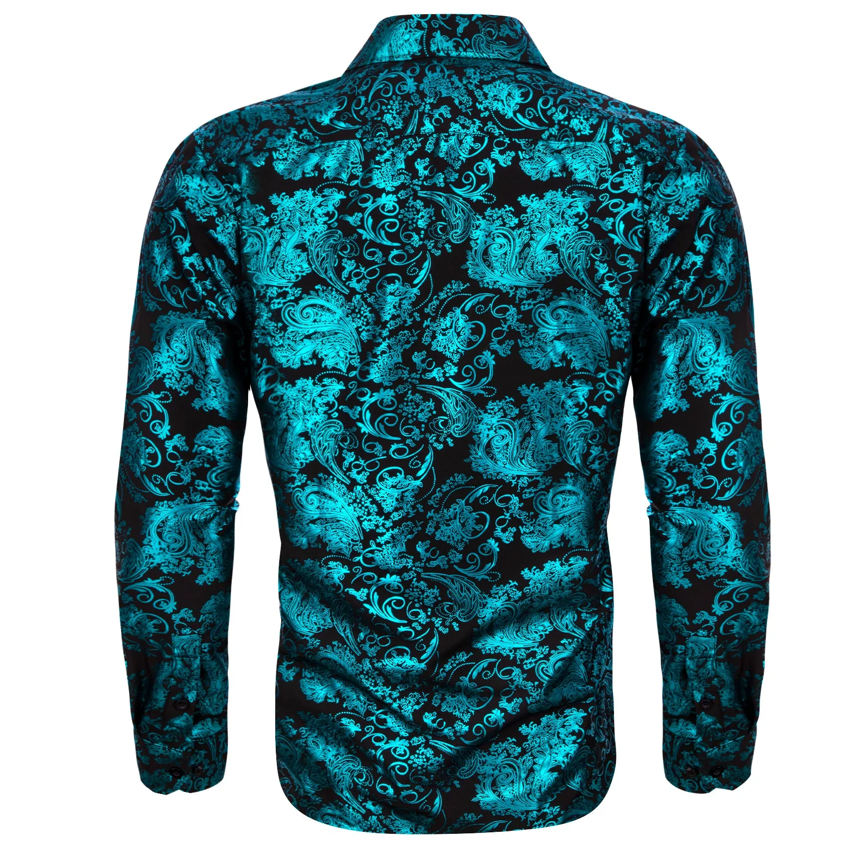 Teal Blue Green Floral Paisley Silk Men's Long Sleeve Shirt