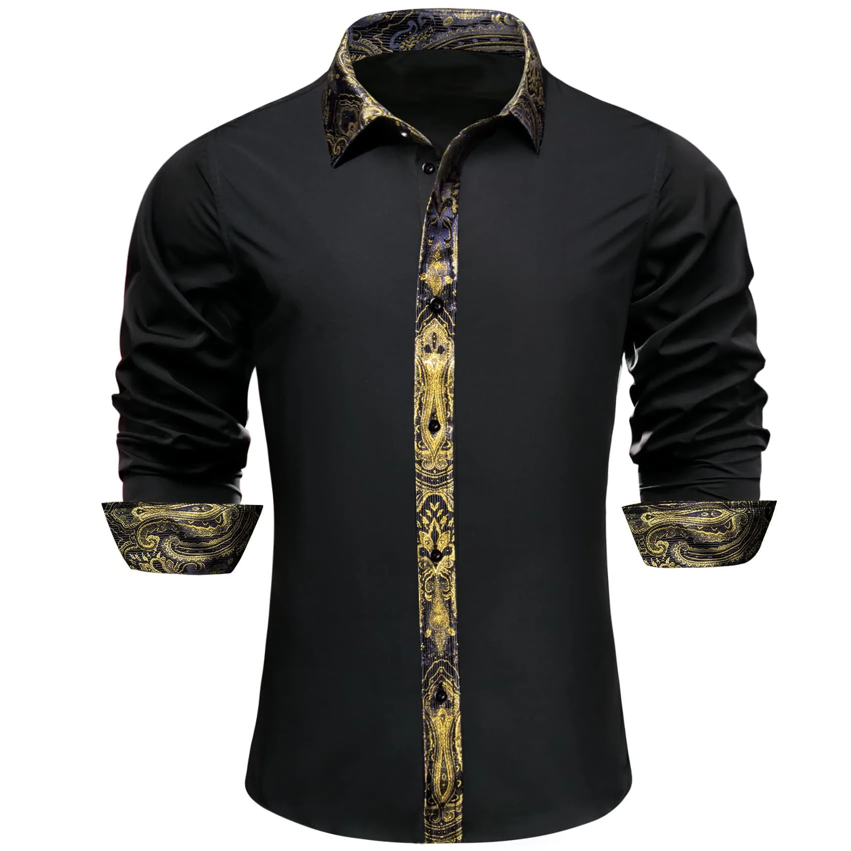 Ties2you Dress Shirt Black Solid Splicing Gold Button Up Long Sleeve Shirts for Men