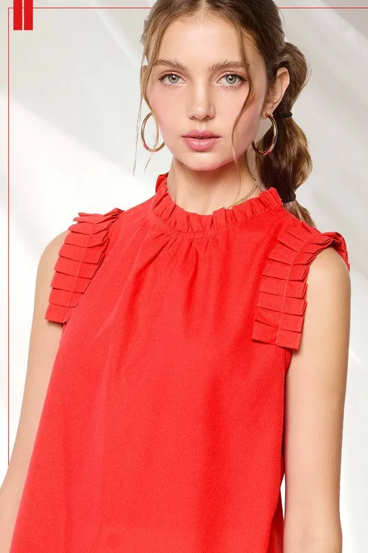 Tomato Red Ruffled Neck Sleeveless Top