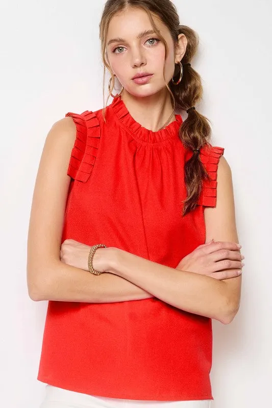 Tomato Red Ruffled Neck Sleeveless Top