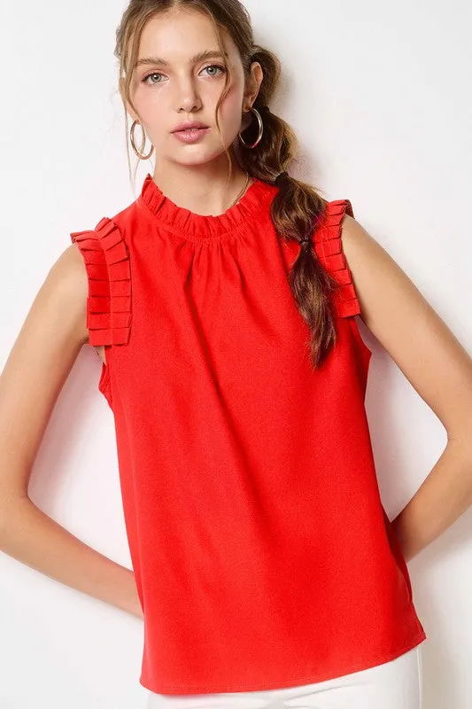 Tomato Red Ruffled Neck Sleeveless Top