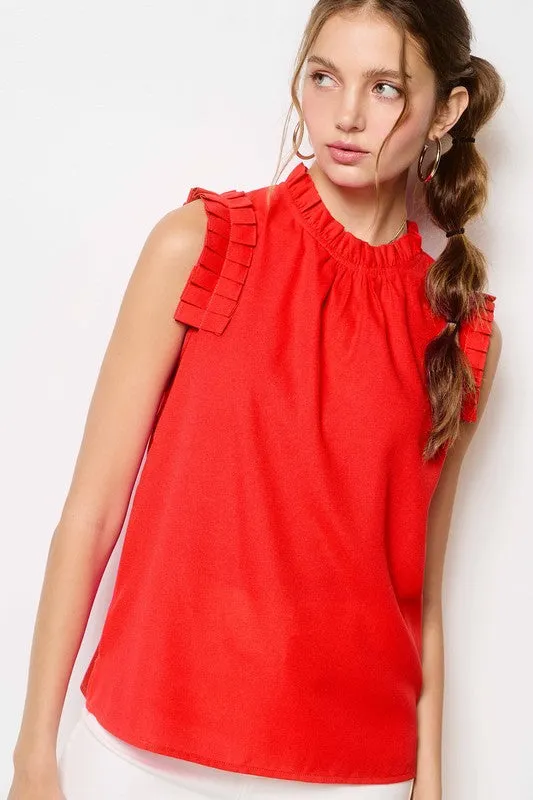 Tomato Red Ruffled Neck Sleeveless Top