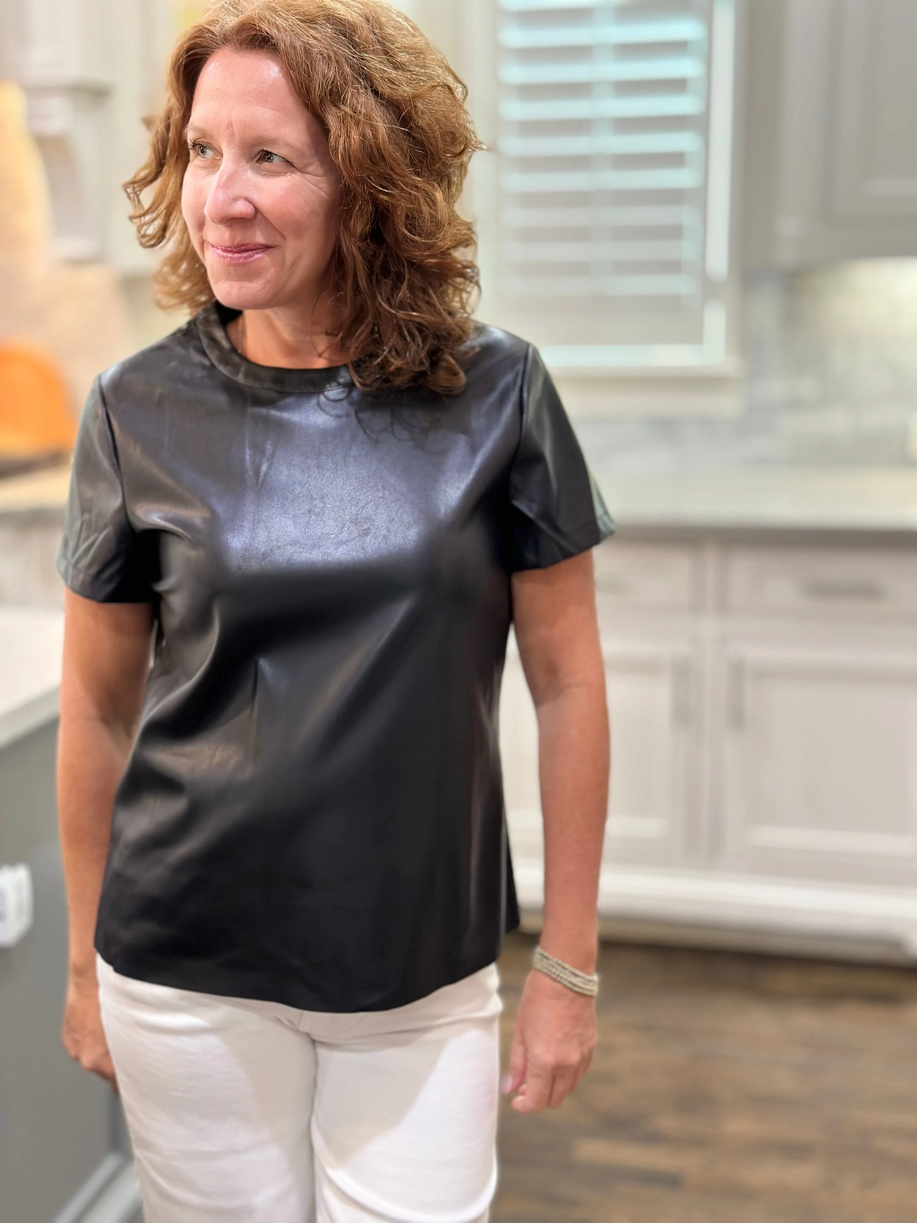 Vegan Leather Short Sleeve Top in Black