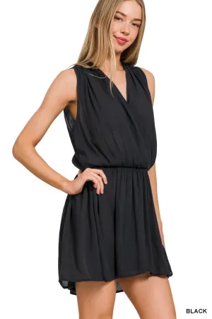 Waist Drape Open Back Romper - Black