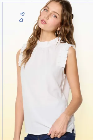 White Ruffled Neck Sleeveless Top